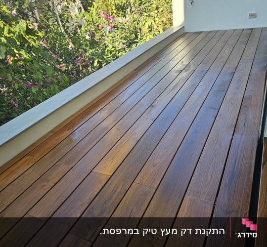 דק עץ על מרפסת עם צמחייה ברקע